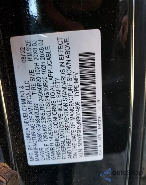 2022 Honda Pilot Sport z USA, uszkodzony, nr VIN 5FNYF6H39NB074609